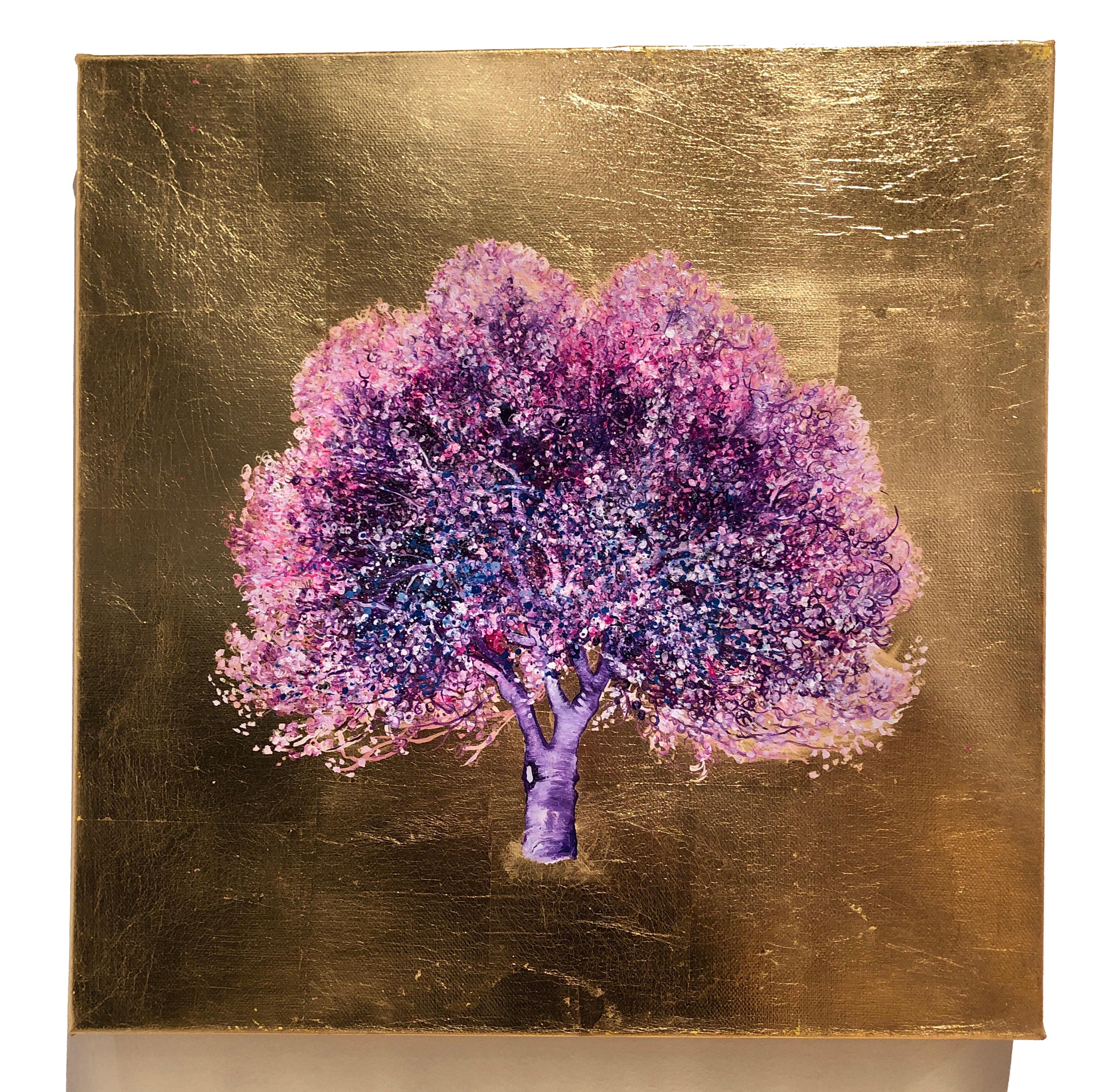 Anastasia Gklava Landscape Painting - Let the Sunshine In, Purple Blossom Tree, Oil on Canvas Gold Leaf Painting 