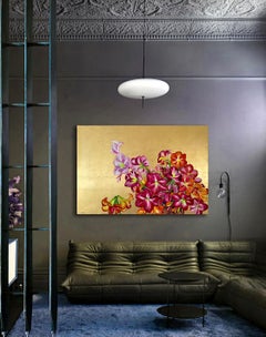 Lilies dans la vallée, grande peinture en or avec nature colorée, palette de fleurs