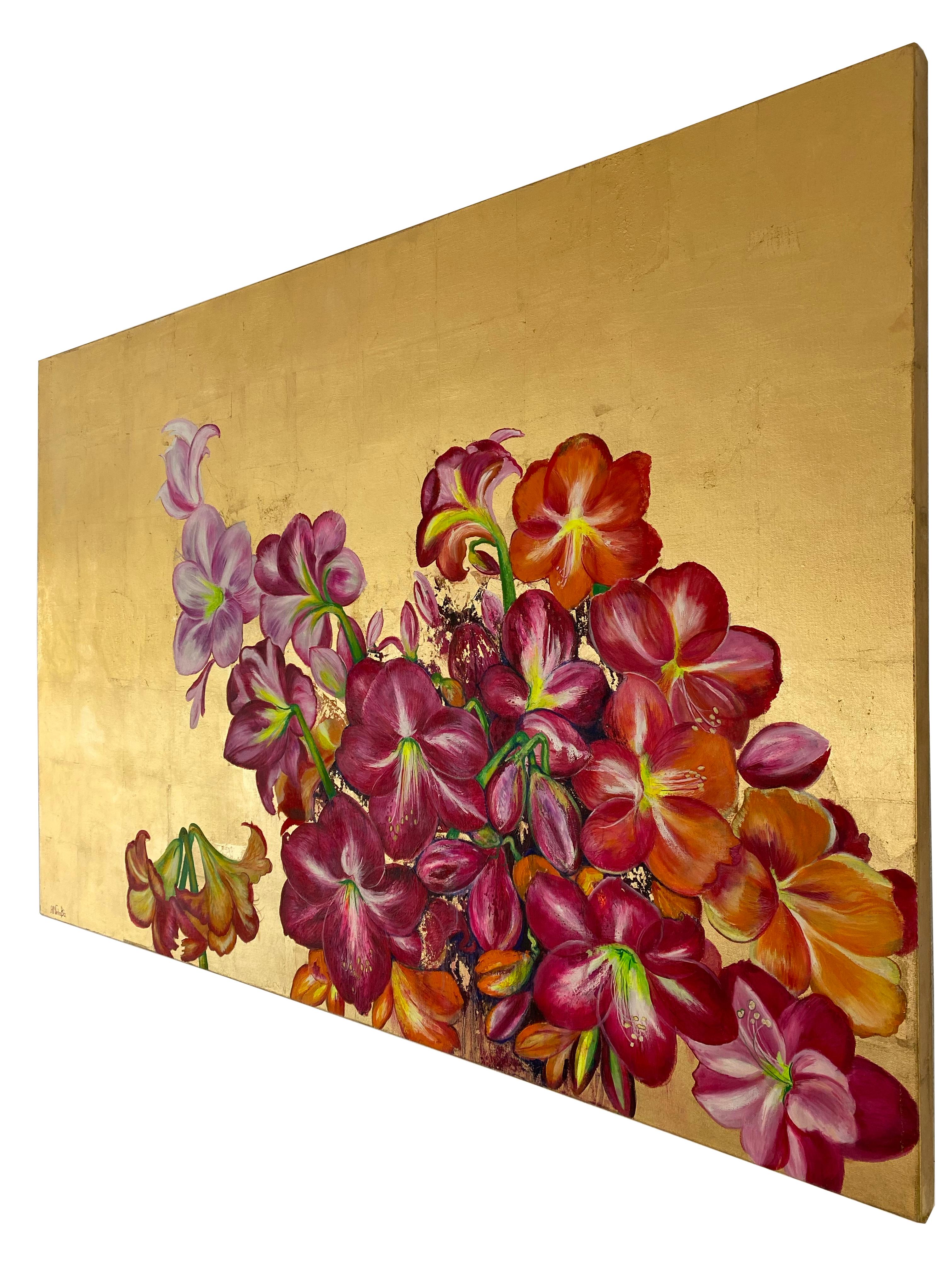 Lilies dans la vallée, grande peinture en or avec nature colorée, palette de fleurs - Or Landscape Painting par Anastasia Gklava