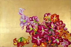 Lilies In The Valley, Large gold painting with colorful nature, flower palette