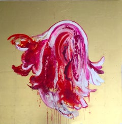 "Luscious", Colorida flora rosa fucsia, Óleo sobre lienzo con fondo dorado