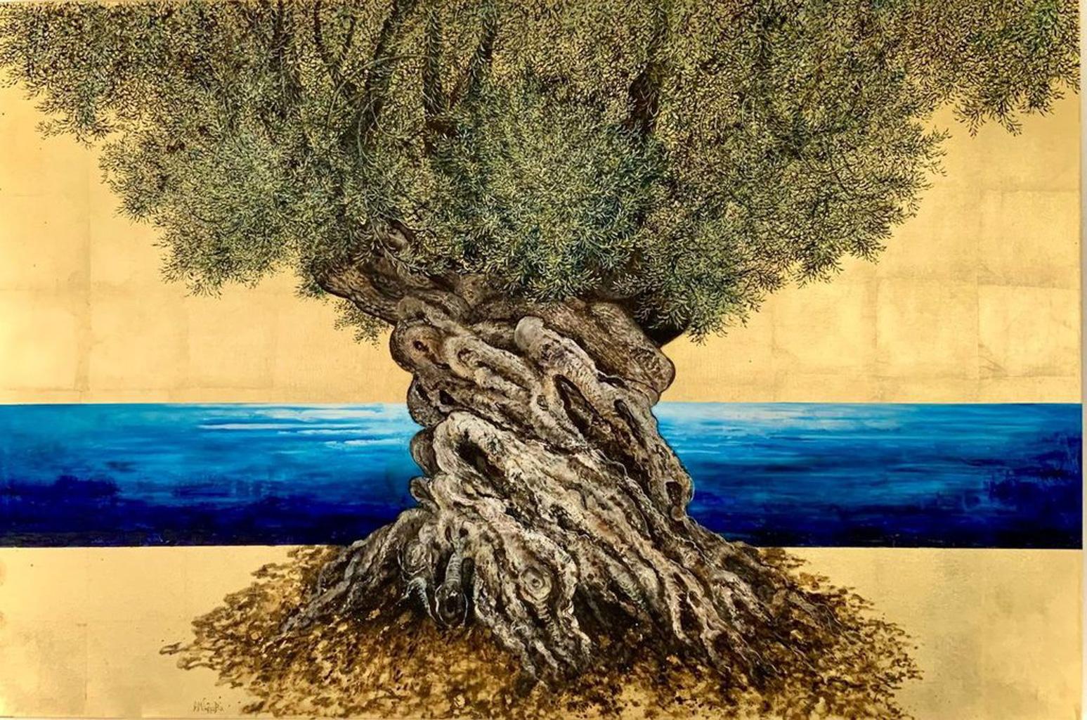 „Make Room for the Time“, Öl- und Blattgoldgemälde mit Olivenbaum und blauem Meer, Öl