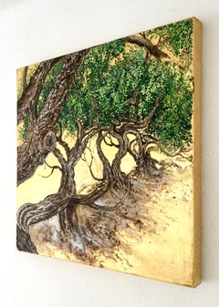 "El abrazo de los lentiscos", Óleo y pan de oro, árboles, naturaleza verde, paisaje