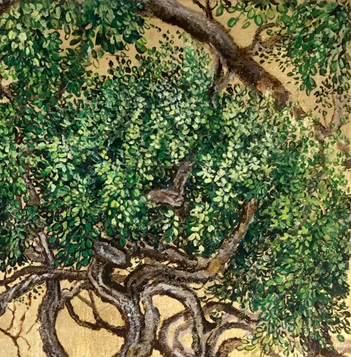 « Majestic Trees Embrace », peinture à l'huile et à la feuille d'or, arbres, nature verte, paysage en vente 2