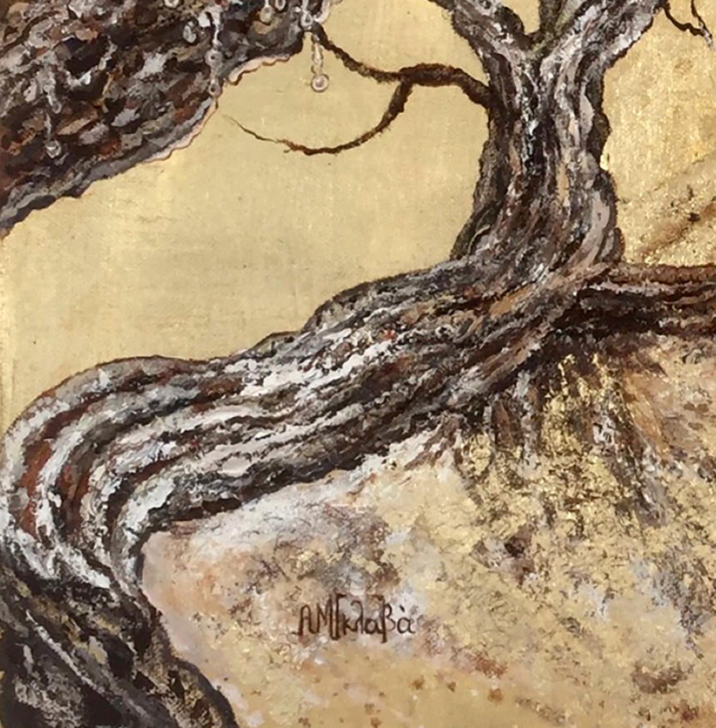 « Majestic Trees Embrace », peinture à l'huile et à la feuille d'or, arbres, nature verte, paysage en vente 3