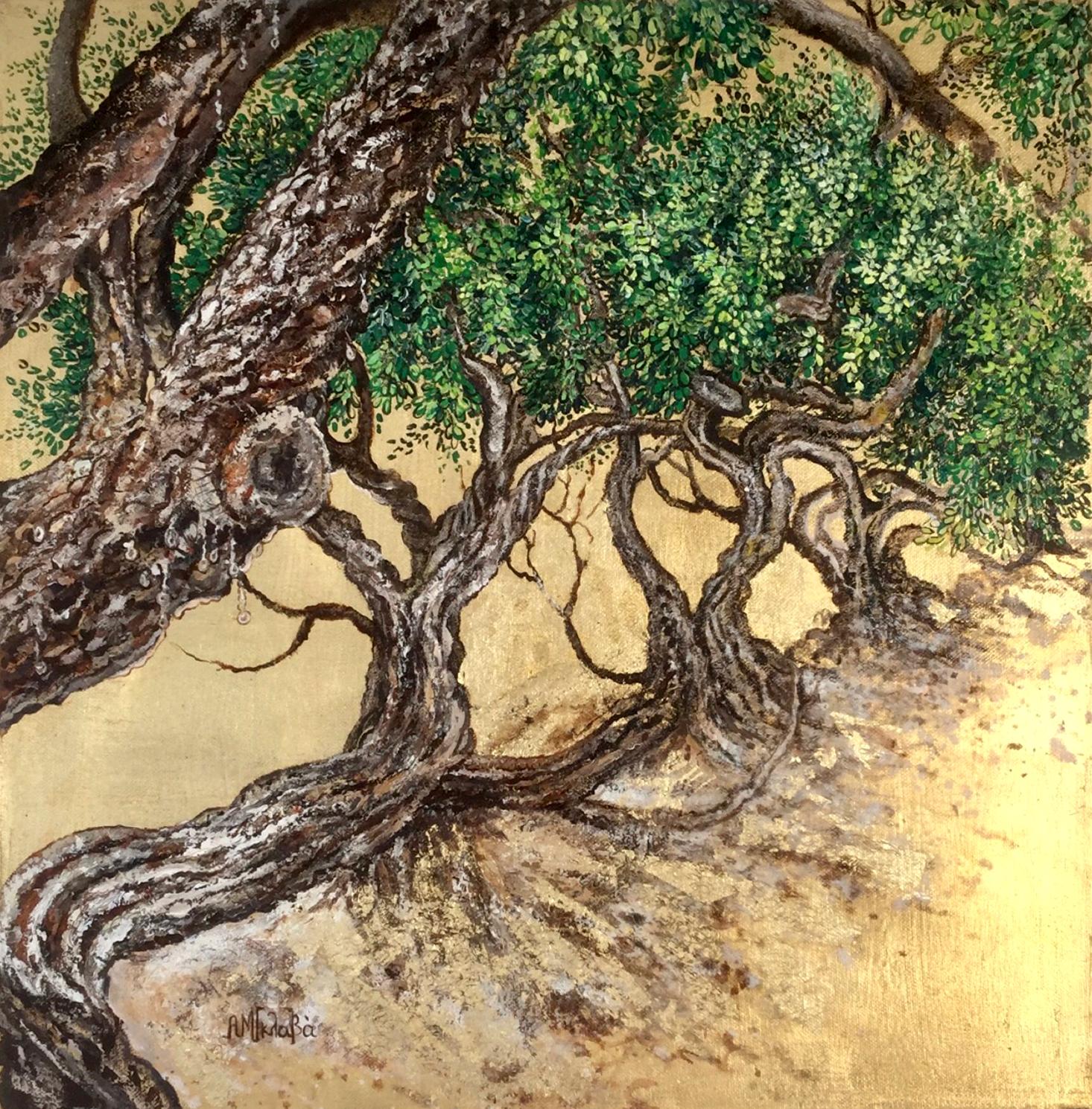 "El abrazo de los lentiscos", Óleo y pan de oro, árboles, naturaleza verde, paisaje