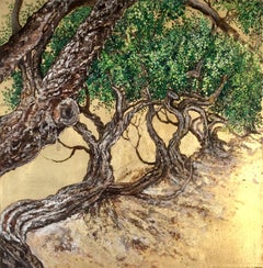 "Gli alberi di lentisco si abbracciano", pittura a olio e foglia d'oro, alberi, natura verde, paesaggio