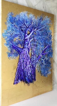 Mesmerizing, Oil on Canvas with Gold Leaf Painting, Powerful Violet & Blue Tree