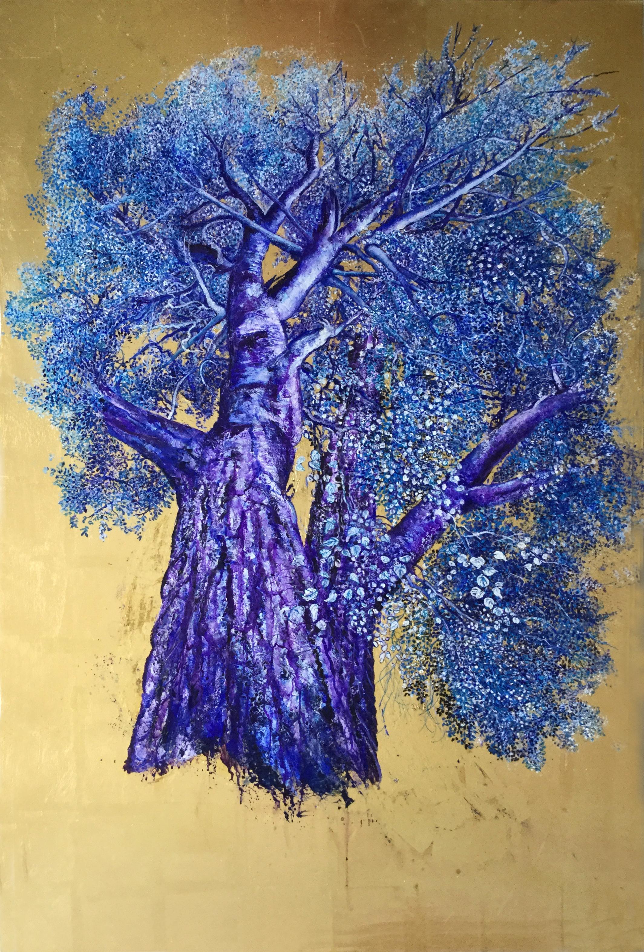 Anastasia Gklava Landscape Painting - Mesmerizing, Oil on Canvas with Gold Leaf Painting, Powerful Violet & Blue Tree 