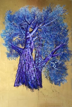 Mesmerizing, Oil on Canvas with Gold Leaf Painting, Powerful Violet & Blue Tree 