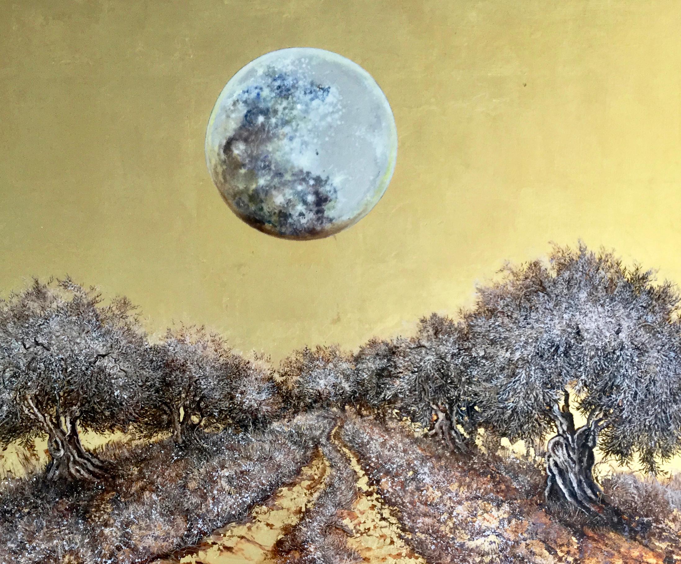 Le marchement au clair de lune, paysage à la feuille d'or et peinture à l'huile avec arbres et pleine lune en vente 2