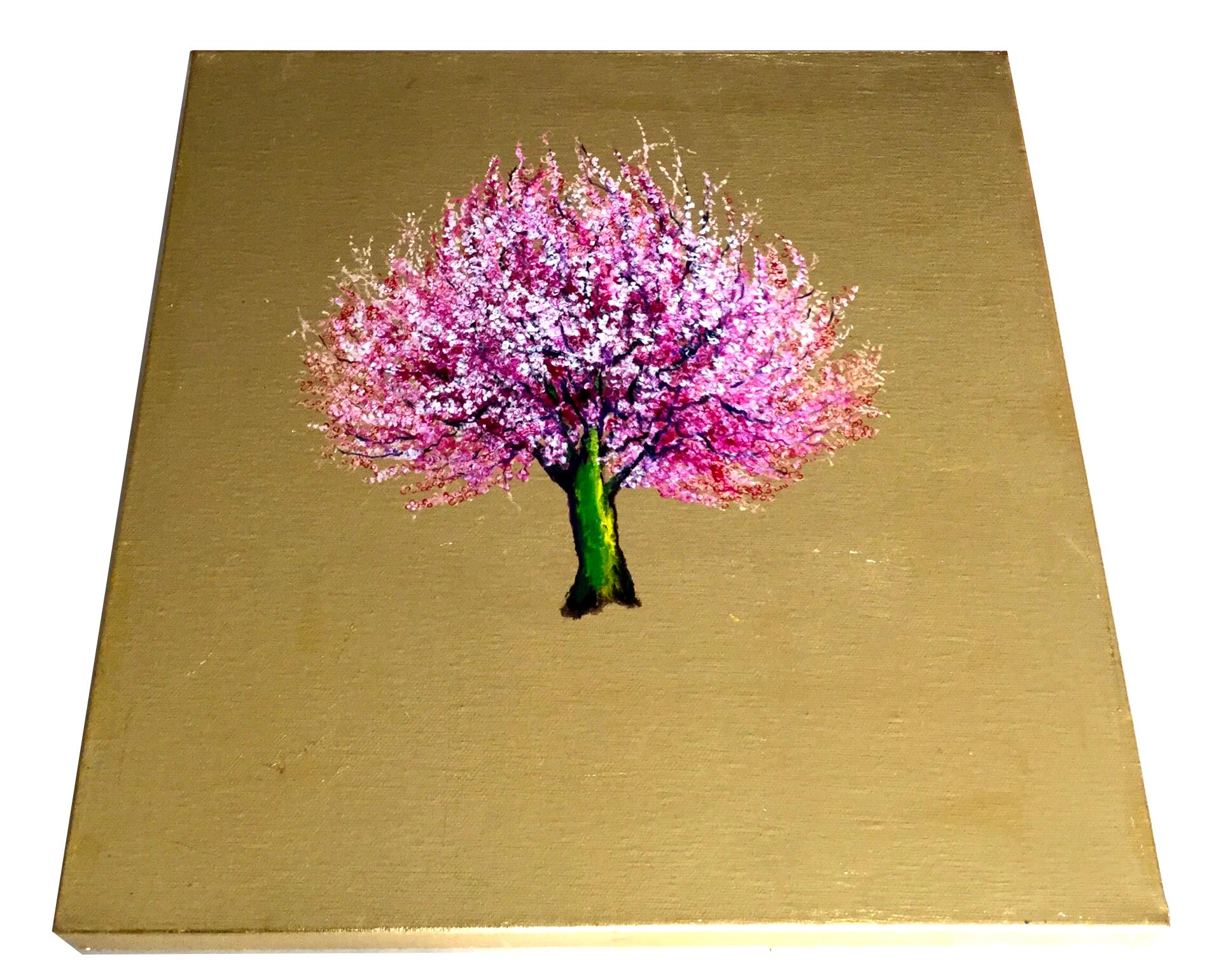 Morning Greeting, Elegant Oil on Canvas with Gold Leaf, Pink Tree & Flowers  - Contemporary Painting by Anastasia Gklava