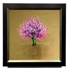 Morning Greeting, Elegant Oil on Canvas with Gold Leaf, Pink Tree & Flowers 