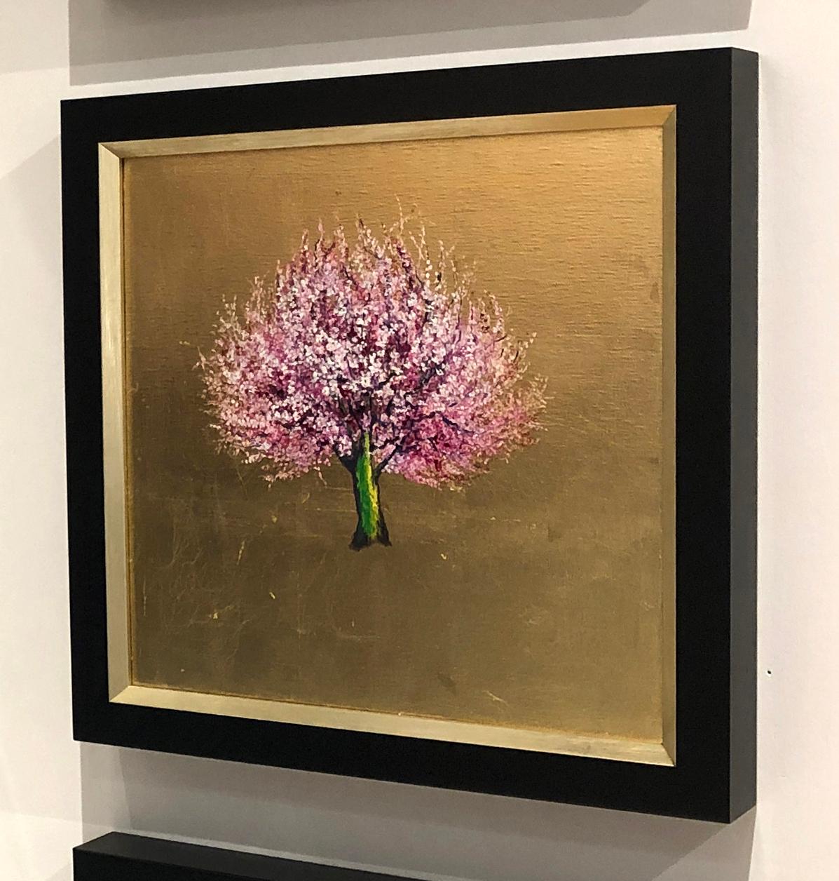 Morning Greeting, Elegant Oil on Canvas with Gold Leaf, Pink Tree & Flowers  - Painting by Anastasia Gklava