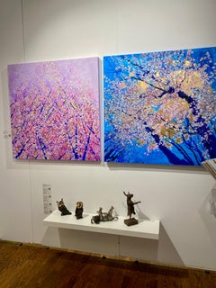 Morning Light, bellissimo dipinto a olio e foglia d'oro, fiori rosa e blu