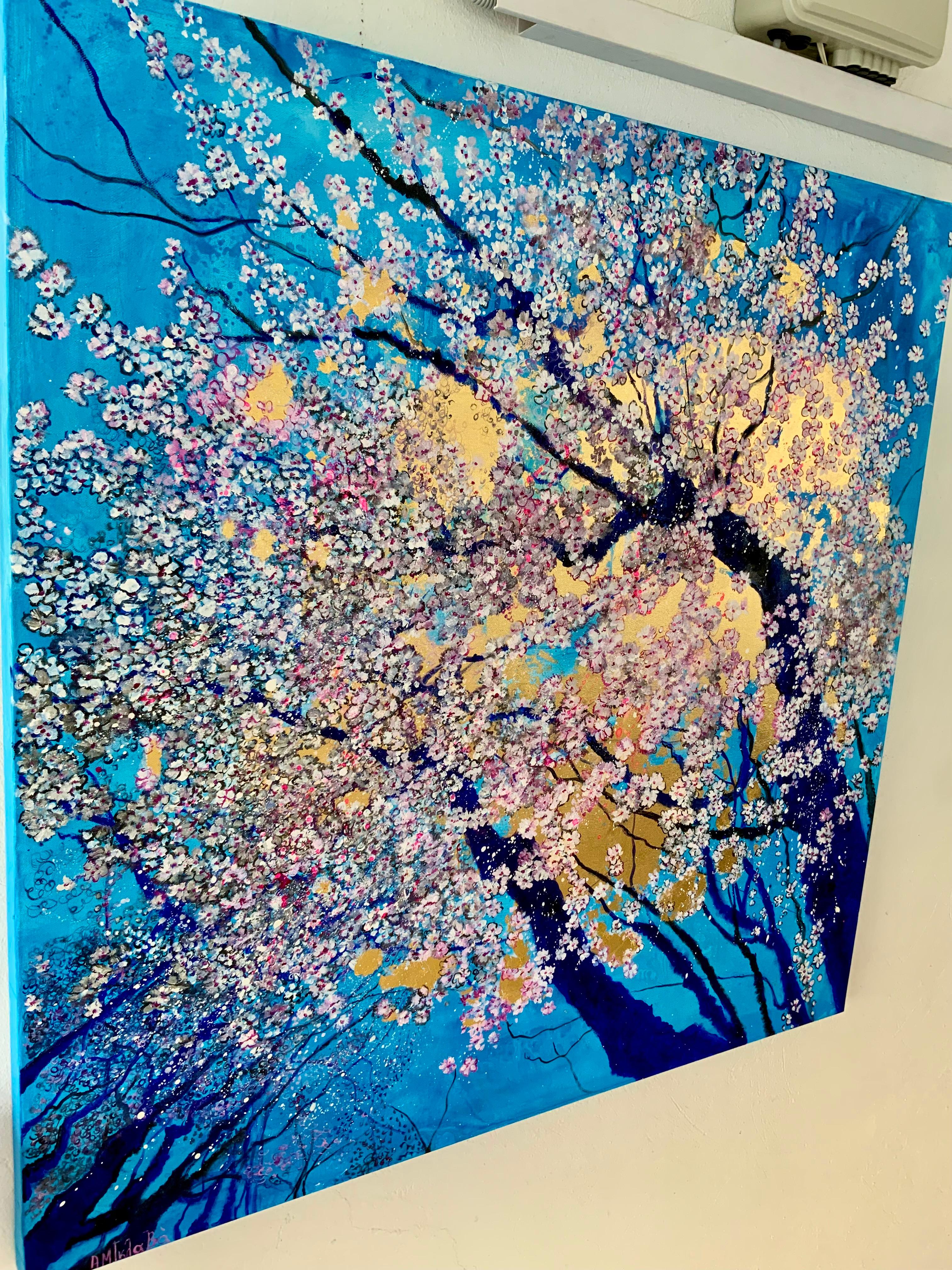 Morning Light, bellissimo dipinto a olio e foglia d'oro, fiori rosa e blu - Painting Contemporaneo di Anastasia Gklava