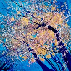 Morning Light, Beautiful oil and gold leaf painting, pink & blue floral blossoms