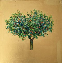 My Heart Belongs to You, Oil on canvas with gold leaf, romantic red fruit tree