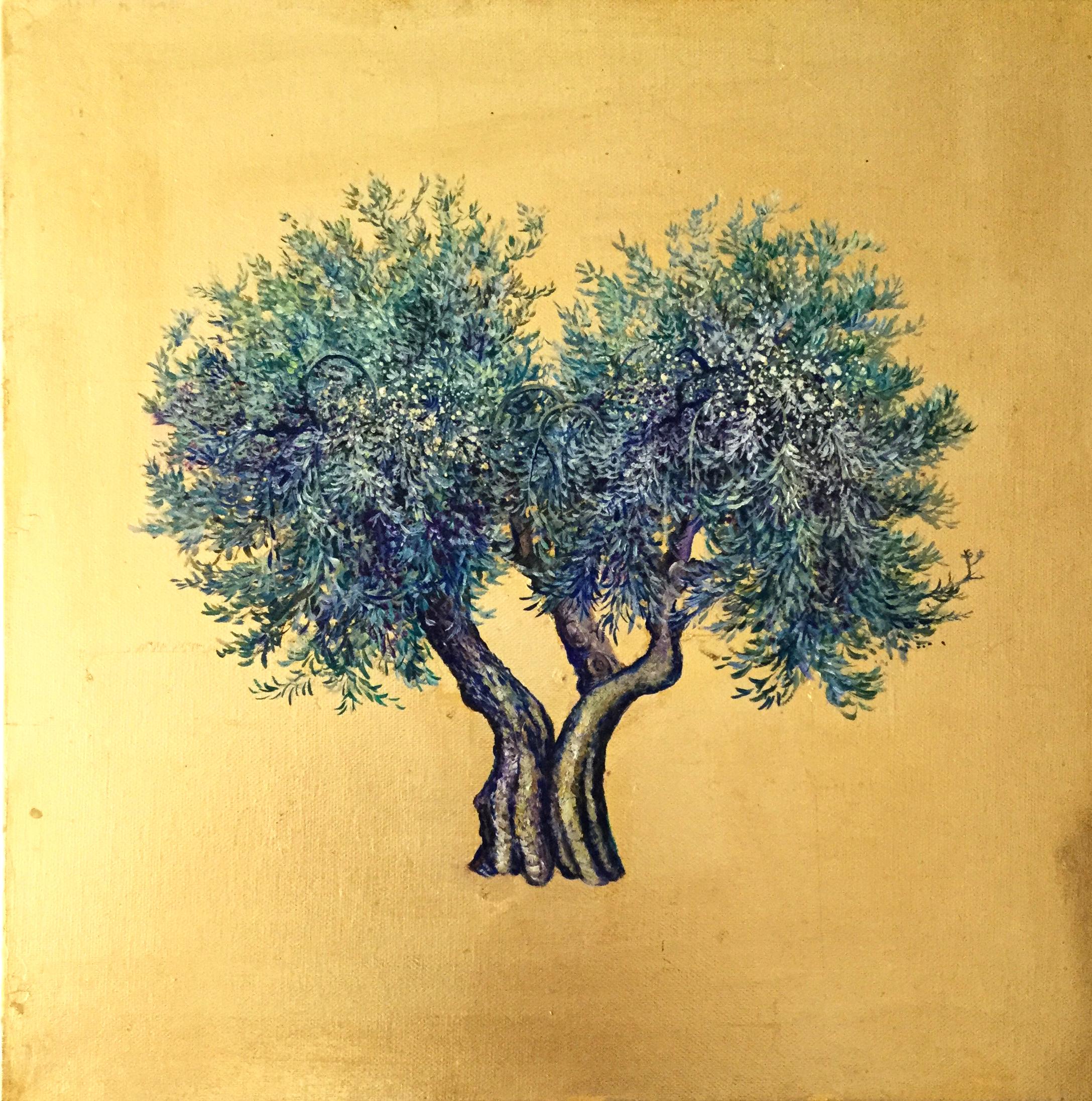 Anastasia Gklava Figurative Painting - Mystery of the Olive - a romantic olive tree painting with gold leaf on canvas