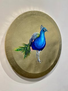 Pavone - Quadro di uccelli contemporaneo con foglia d'oro su tela circolare