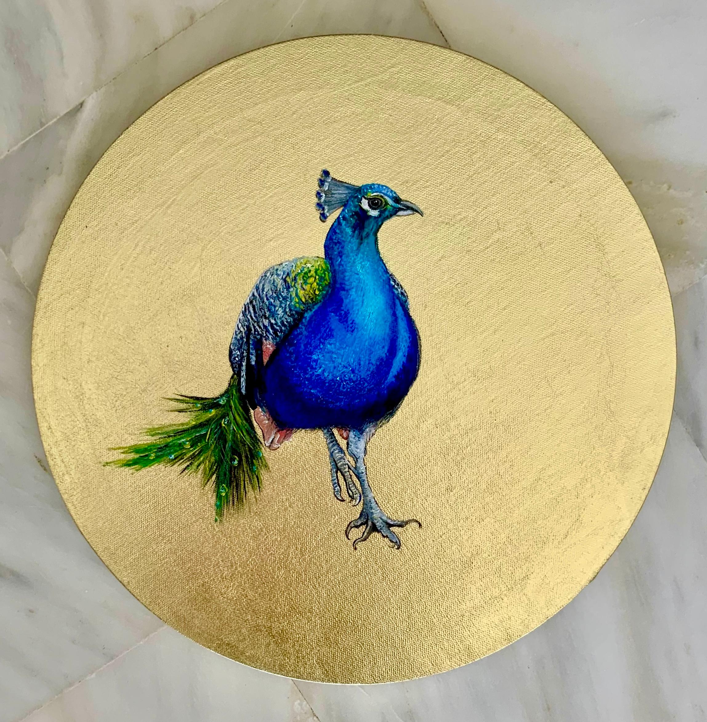 Pfau - Zeitgenössische Vogelmalerei mit Blattgold auf kreisförmiger Leinwand