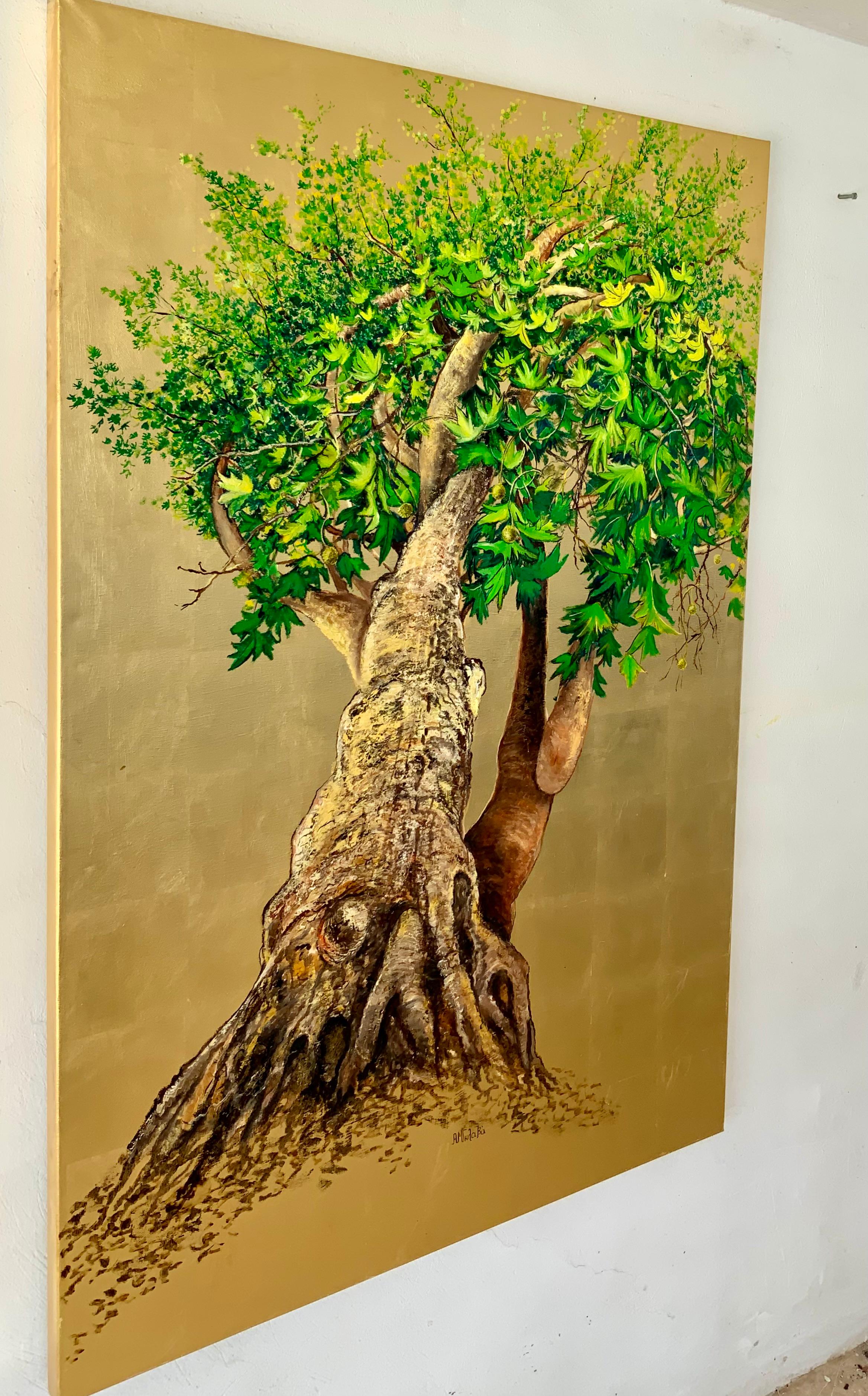 Platanus, l'arbre de joie et de guérison, peinture à l'huile sur toile avec feuille d'or - Painting de Anastasia Gklava