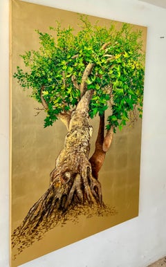 Platanus, l'arbre de joie et de guérison, peinture à l'huile sur toile avec feuille d'or