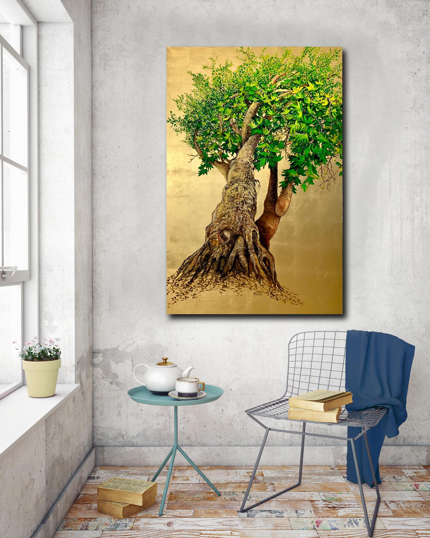Platanus, el Árbol de la Alegría y la Curación, Pintura al óleo sobre lienzo con pan de oro en venta 3