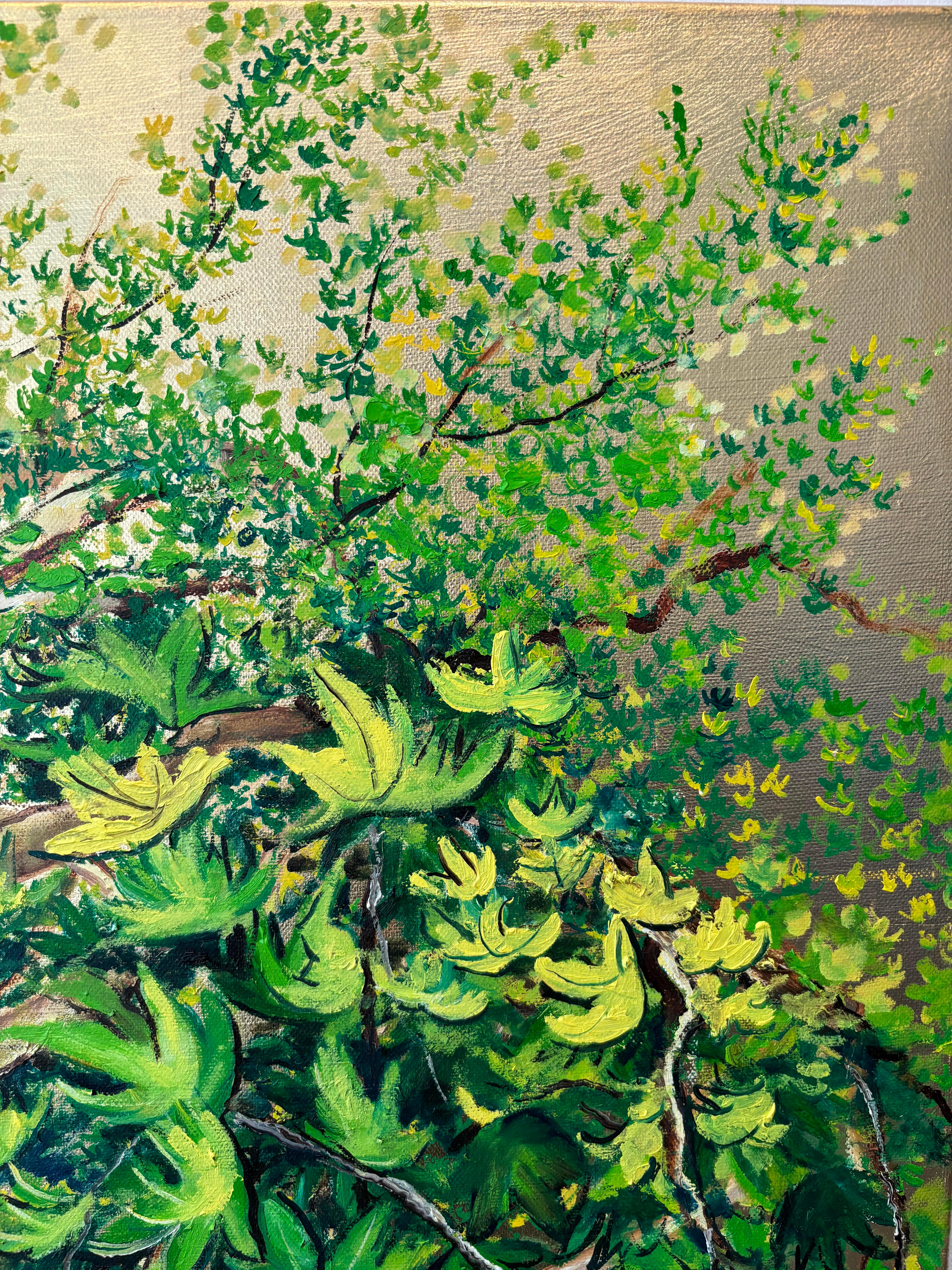 Platanus, el Árbol de la Alegría y la Curación, Pintura al óleo sobre lienzo con pan de oro en venta 4