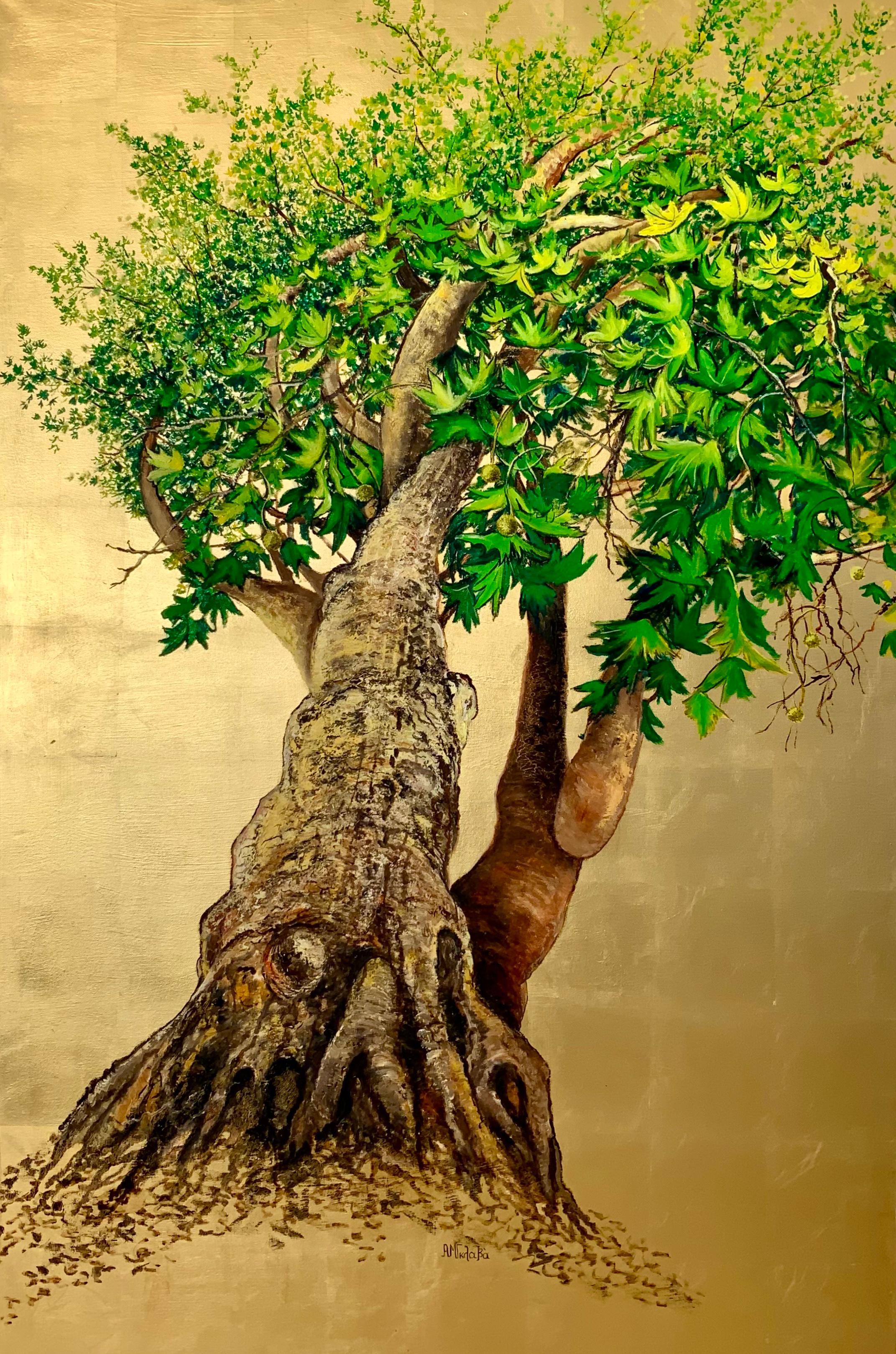 Platanus, l'arbre de joie et de guérison, peinture à l'huile sur toile avec feuille d'or