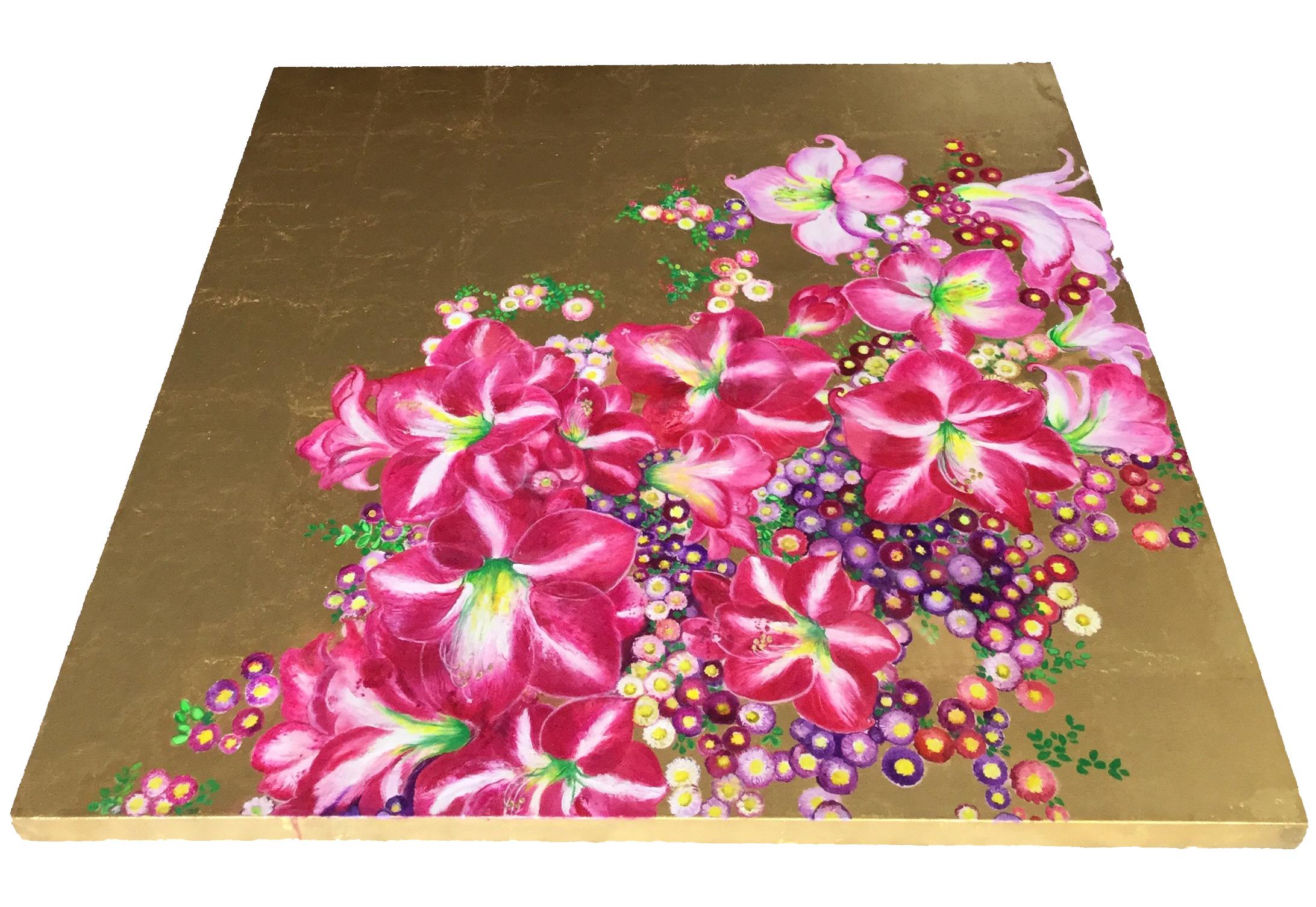„Regal Glory“, 4-teilige Leinwand, leuchtend rosa Blumenkranz, goldener Hintergrund  im Angebot 7