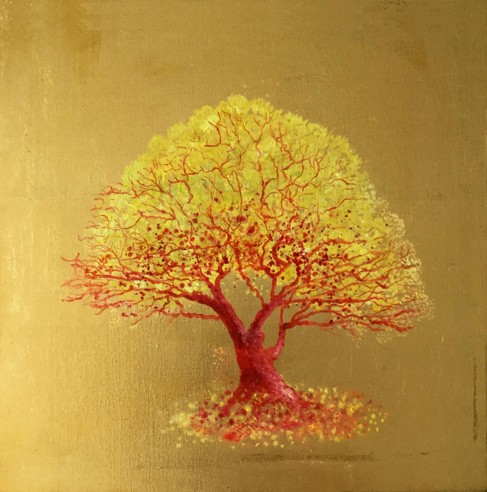 Remember Me, Yellow & Orange Tree, Pop style painting, Oil on Canvas Gold Leaf - Painting by Anastasia Gklava