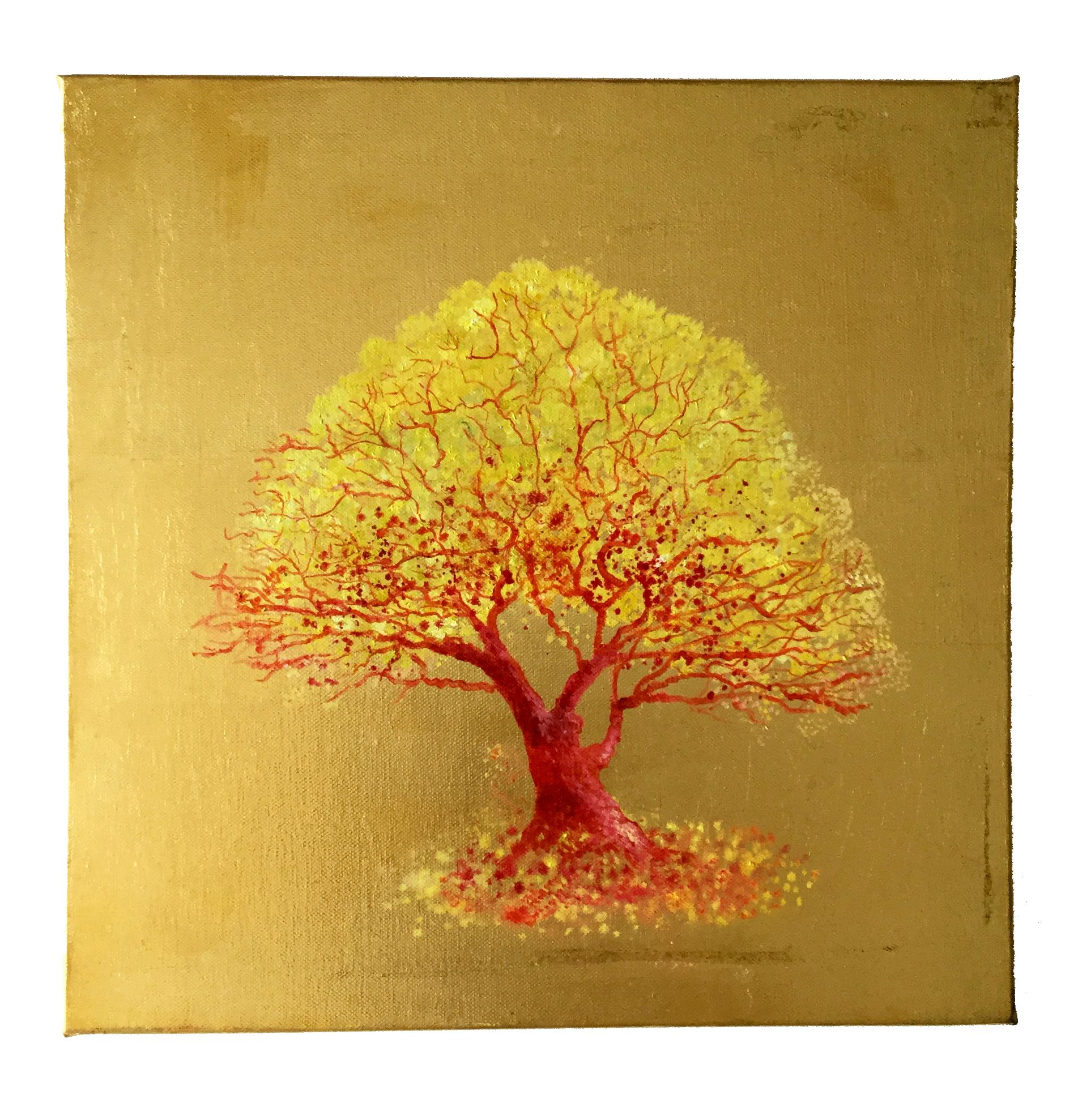 Anastasia Gklava Landscape Painting - Remember Me, Yellow & Orange Tree, Pop style painting, Oil on Canvas Gold Leaf