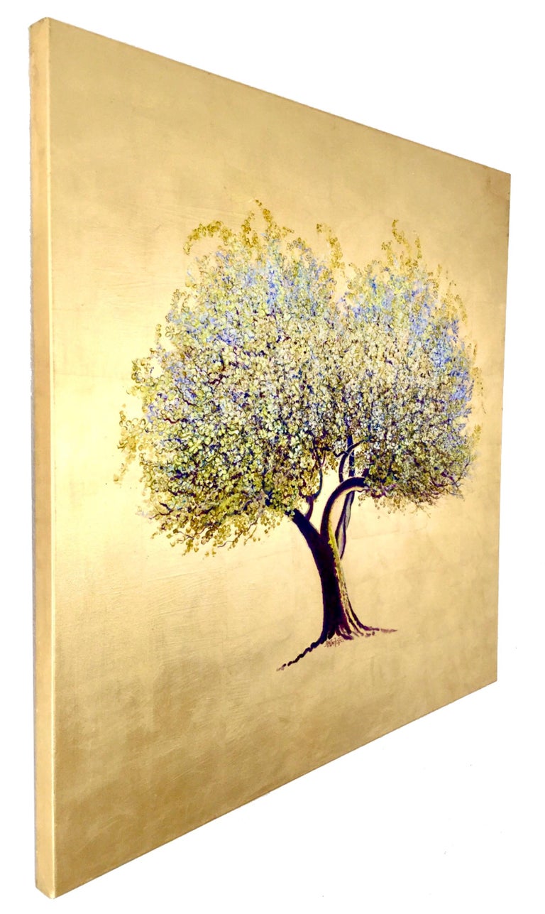 Rites of Spring, Oil on canvas with gold leaf, contemporary white flowering tree - Painting by Anastasia Gklava