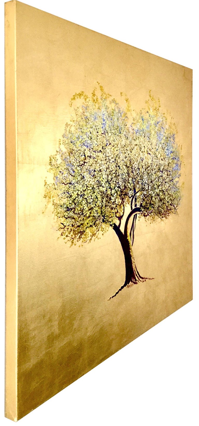 Rites of Spring, Oil on canvas with gold leaf, contemporary white flowering tree - Contemporary Painting by Anastasia Gklava