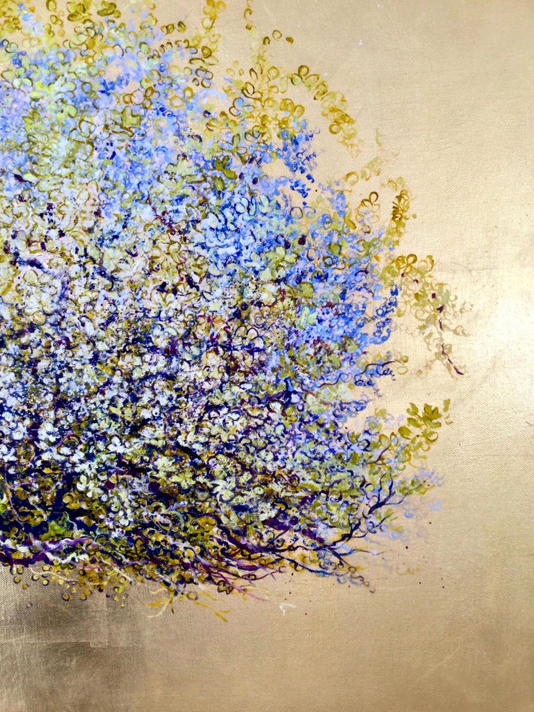 Rites of Spring, Oil on canvas with gold leaf, contemporary white flowering tree - Gold Still-Life Painting by Anastasia Gklava