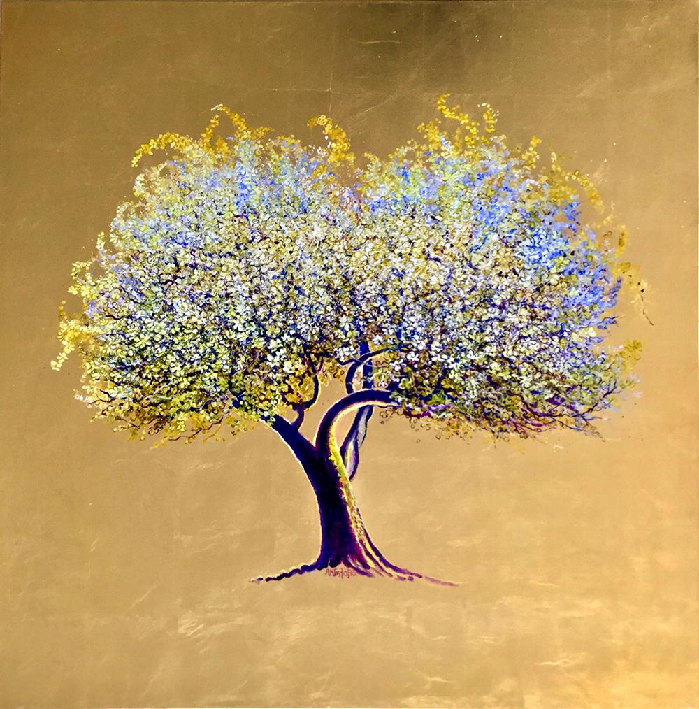 Rites of Spring, Oil on canvas with gold leaf, contemporary white flowering tree