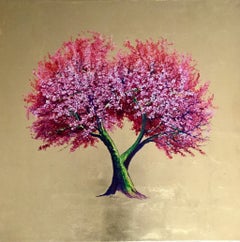 "Ruby" Elegant oil and gold tree painting, pink blossoms, abstract landscape