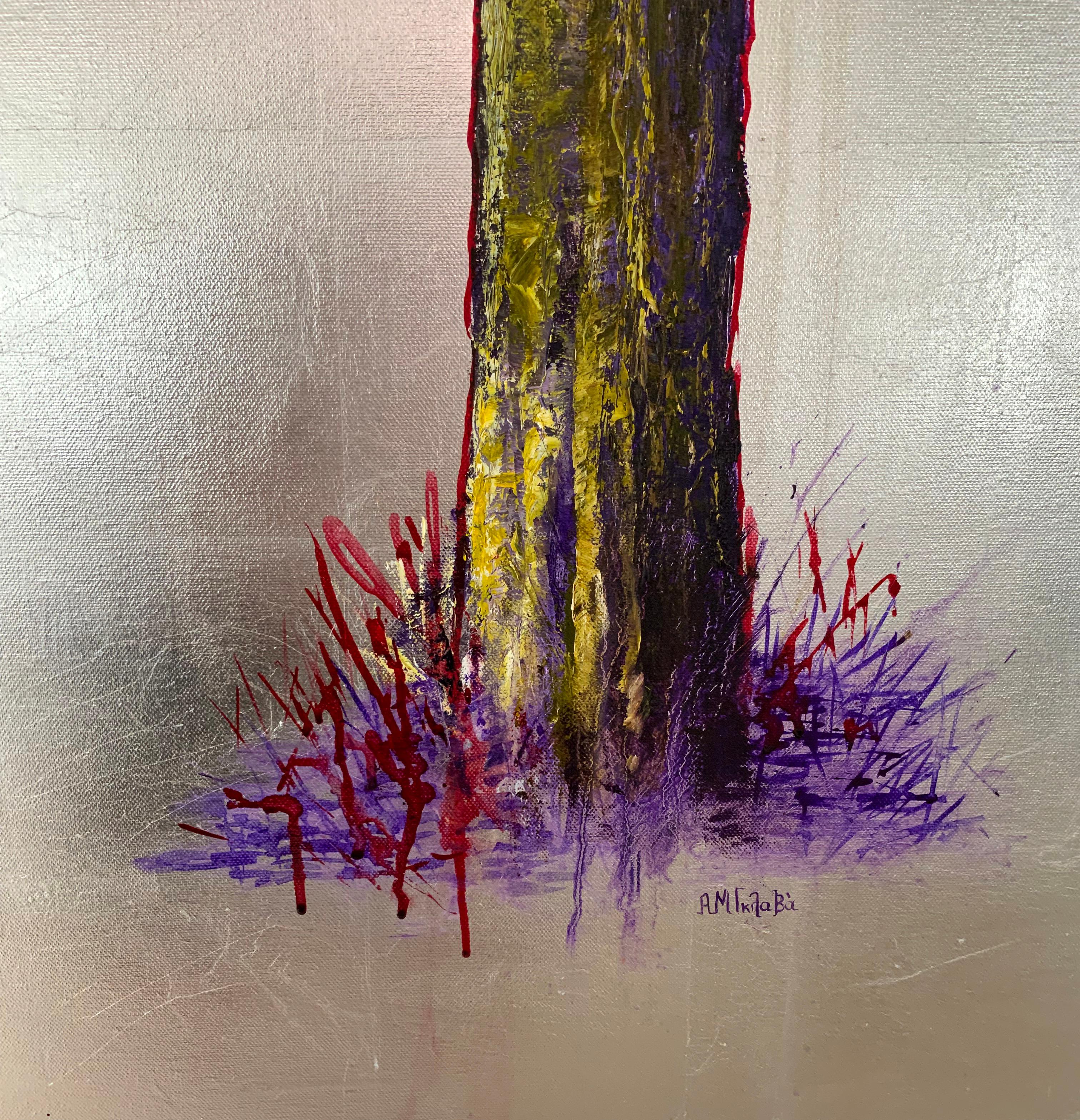 Schillernde Öl- und Silber-Orangenbaummalerei, Landschaft, Blätter, Natur (Zeitgenössisch), Painting, von Anastasia Gklava