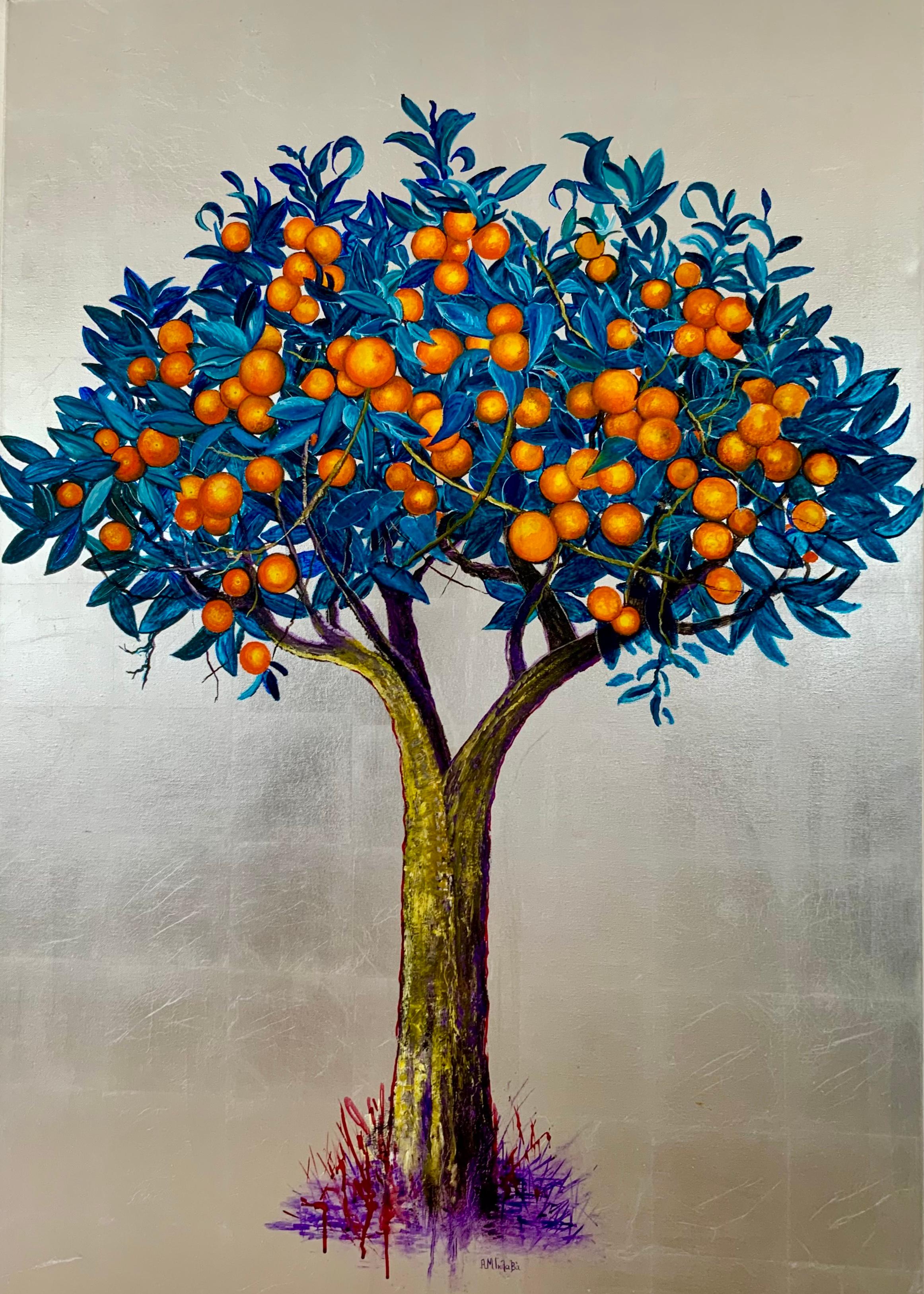 Anastasia Gklava Still-Life Painting - Scintillating oil and silver orange tree painting, landscape, leaves, nature