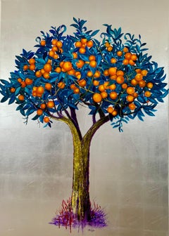 Peinture d'arbre orange scintillante et argentée, paysage, feuilles, nature