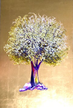 Serendipity,  Flowering white tree, contemporary oil on canvas with gold leaf