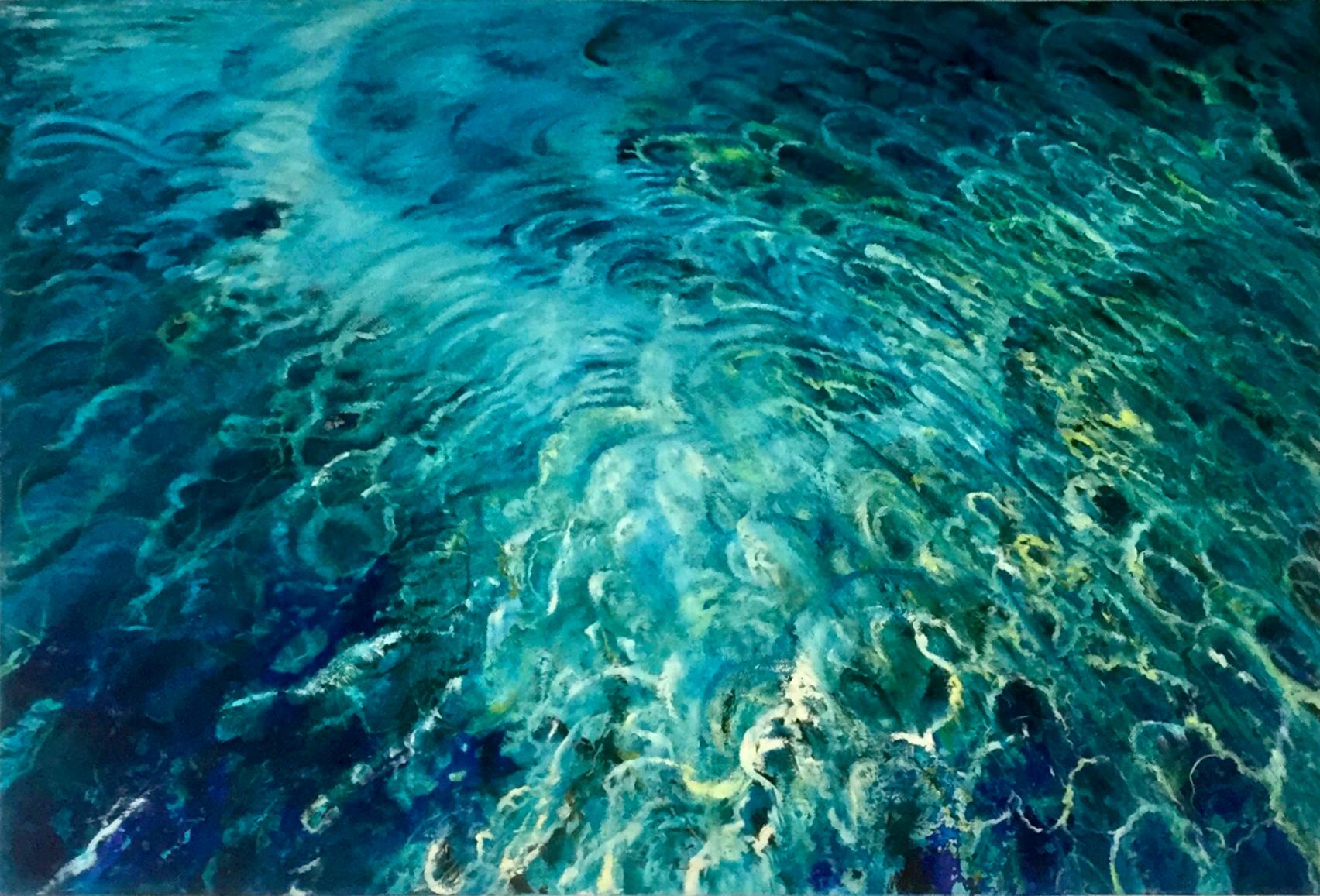 "Shimmery", Bright and colorful turquoise blues waterscape, sensual reflections