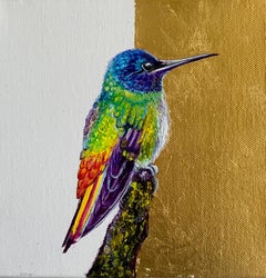 "Sparkling Violetear", Rainbow color realist bird painting, oil and gold leaf