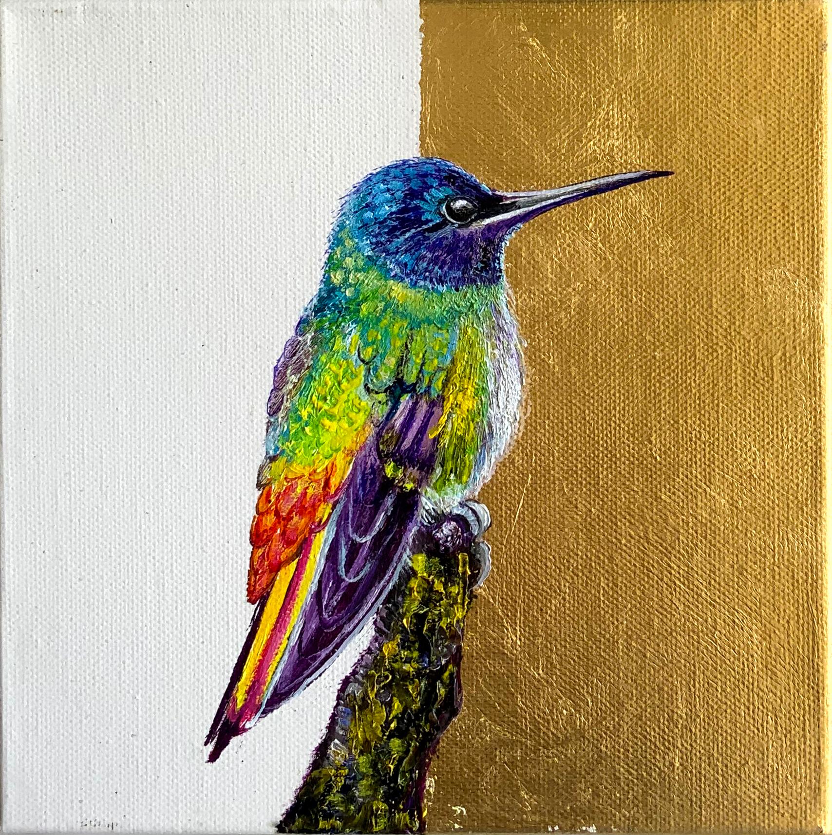 "Violetear centelleante", pintura realista de aves en colores del arco iris, óleo y pan de oro