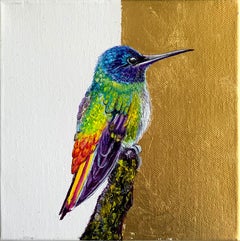 "Violetear centelleante", pintura realista de aves en colores del arco iris, óleo y pan de oro