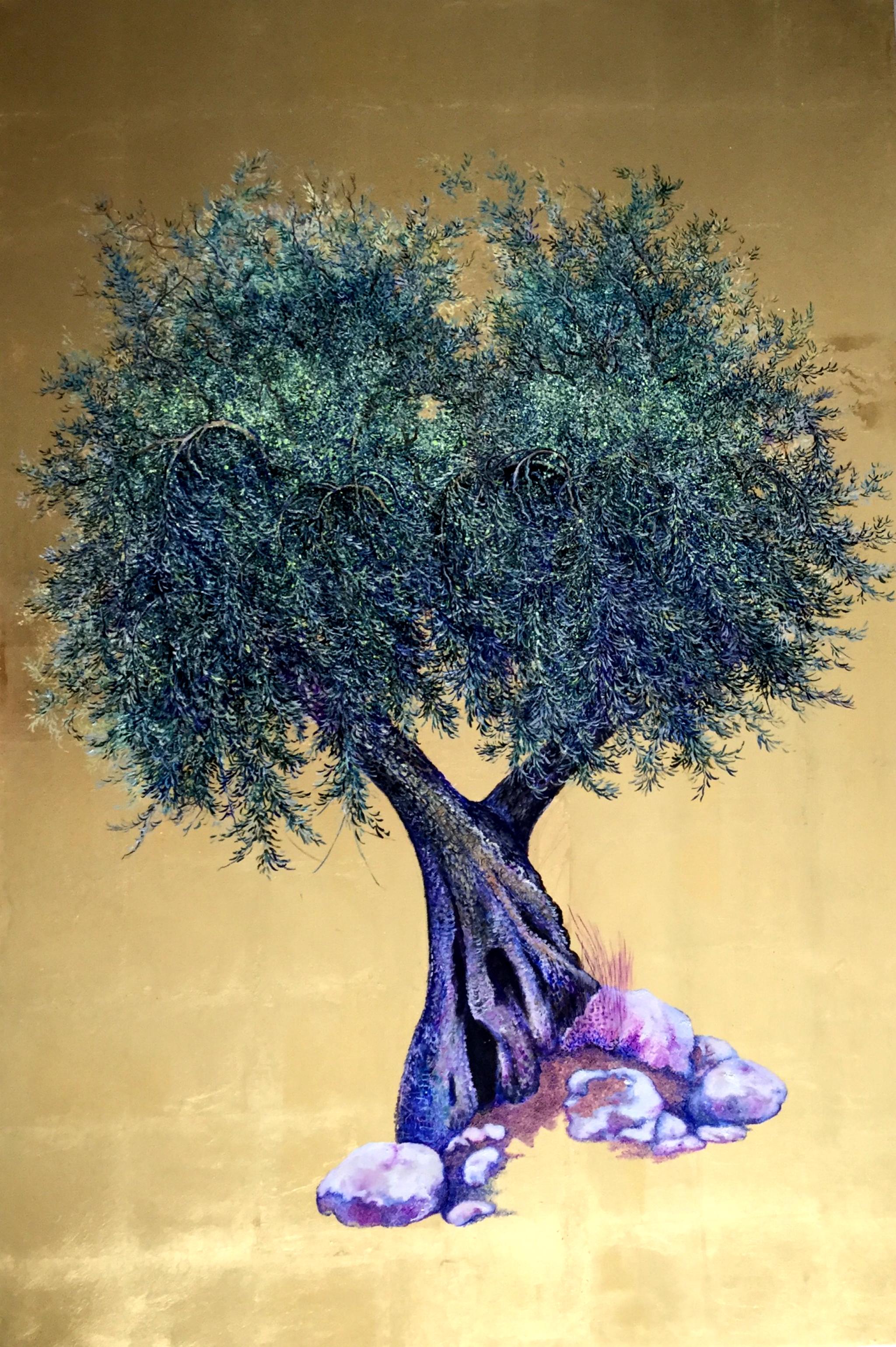 Stay Till Dawn, Elegant oil on canvas with gold leaf, contemporary Olive Tree  - Painting by Anastasia Gklava