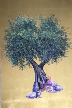 Stay Till Dawn, Elegant oil on canvas with gold leaf, contemporary Olive Tree 
