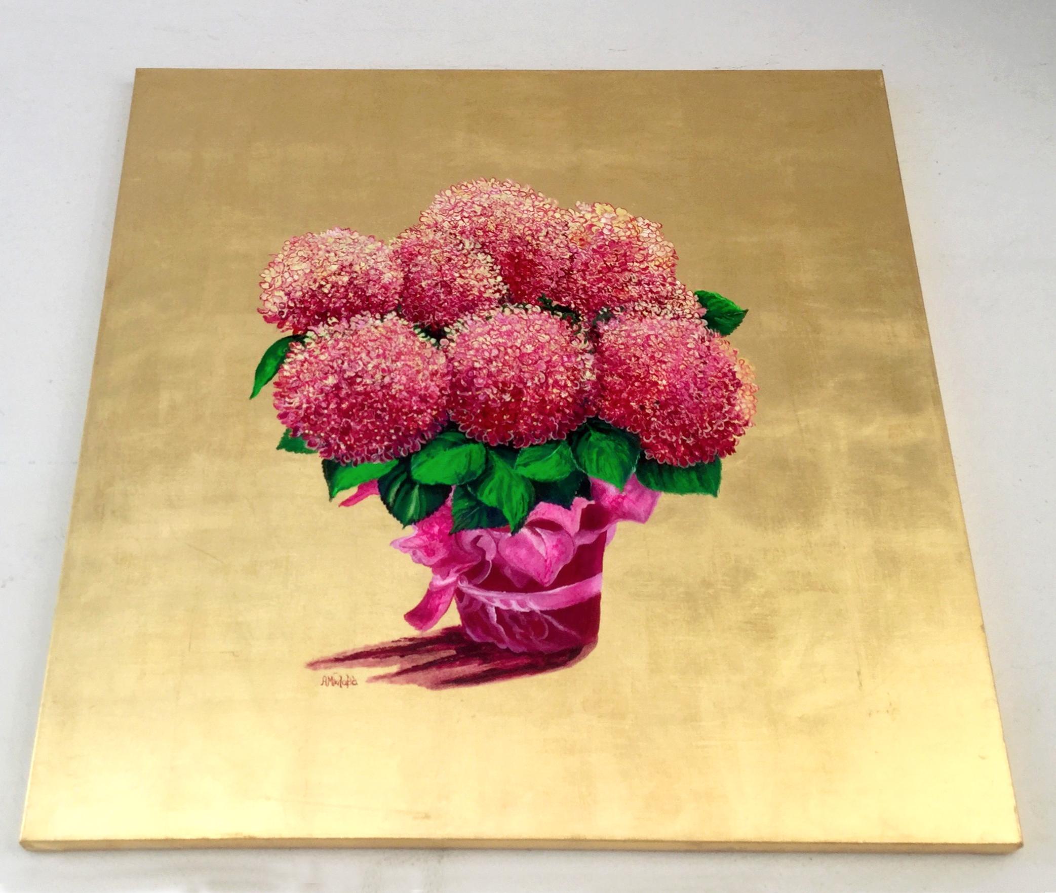 „“Das Geschenk“, Gemälde aus rosa und Blattgold mit blühenden, leuchtenden Blumen, floral (Zeitgenössisch), Painting, von Anastasia Gklava