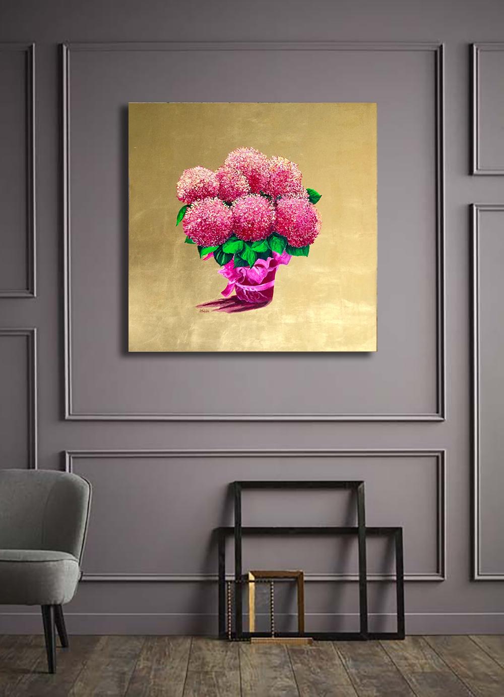 « The Gift », peinture à la feuille rose et or avec fleurs brillantes et fleurs en fleurs, cadeau - Painting de Anastasia Gklava